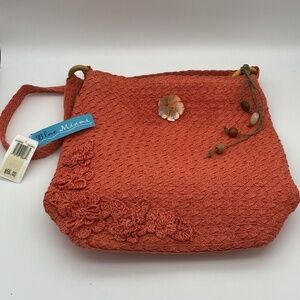 NWT Blue Miami Corral Woven Bag with Shell Flower and Wooden Ring Accents